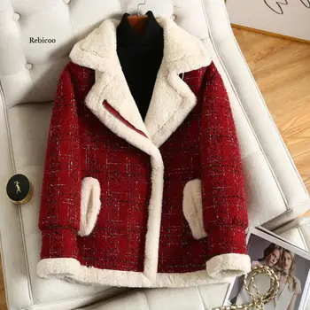 Zimowa damska brytyjska stylowa czerwona w kratę futro kurtka imitacja owczej wełny gruby płaszcz krótki mały zapach styl adies Kurtka